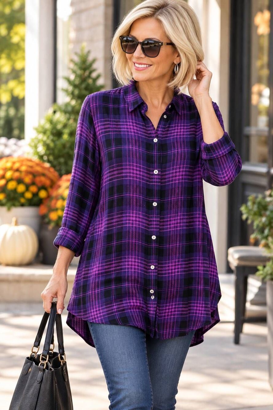 J Jill Purple Navy Plaid Button Front Long Sleeve Tunic Blouse Medium